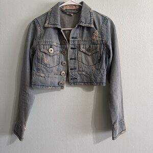 Z Cavarici Womens Cropped Denim Jacket Distressed Light‎ Wash Size XS